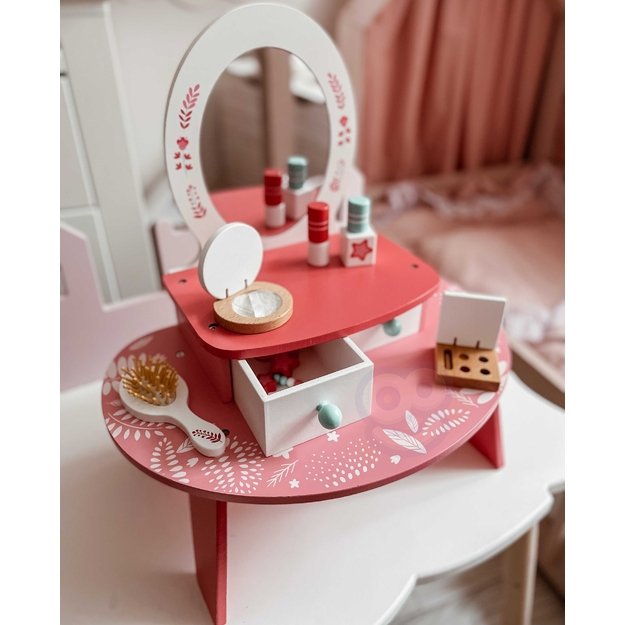 TOOKY TOY Rožinis medinis tualetinis staliukas su veidrodžiu makiažui 2