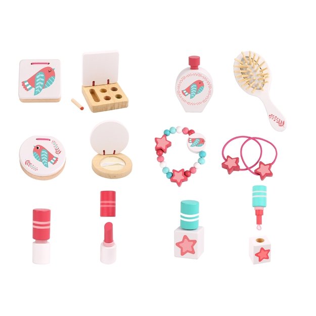 TOOKY TOY Rožinis medinis tualetinis staliukas su veidrodžiu makiažui 4