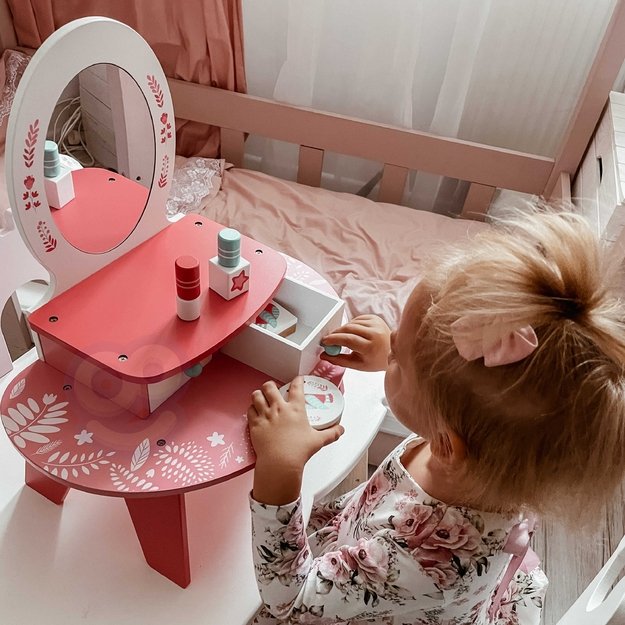 TOOKY TOY Rožinis medinis tualetinis staliukas su veidrodžiu makiažui 1