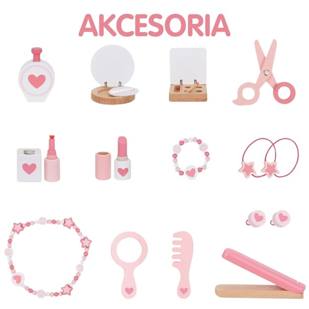 WOOPIE GREEN medinė kosmetinė (tualetinis staliukas) su veidrodžiu ir priedais 8