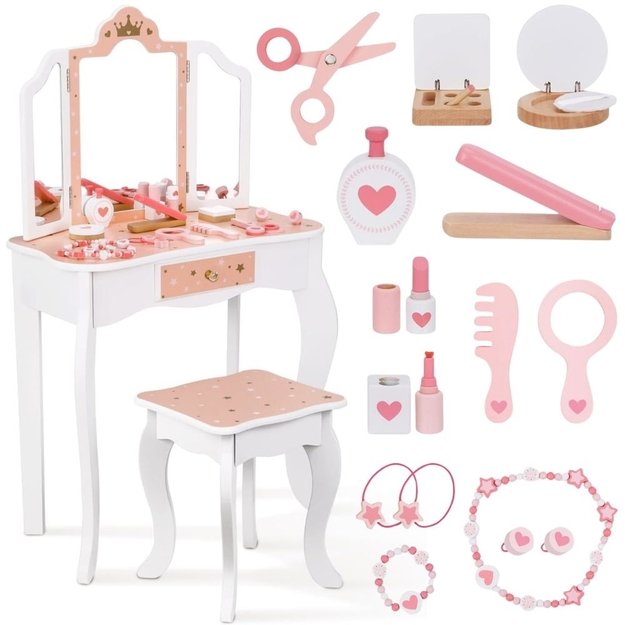 WOOPIE GREEN medinė kosmetinė (tualetinis staliukas) su veidrodžiu ir priedais