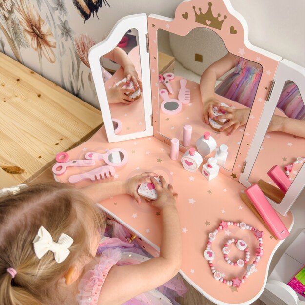 WOOPIE GREEN medinė kosmetinė (tualetinis staliukas) su veidrodžiu ir priedais 1