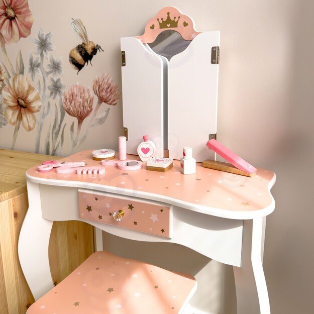 WOOPIE GREEN medinė kosmetinė (tualetinis staliukas) su veidrodžiu ir priedais 4