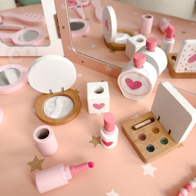 WOOPIE GREEN medinė kosmetinė (tualetinis staliukas) su veidrodžiu ir priedais 2