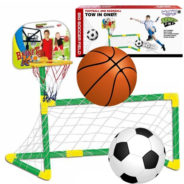 WOOPIE 2 viename rinkinys – krepšinio lankas ir futbolo vartai + kamuoliai