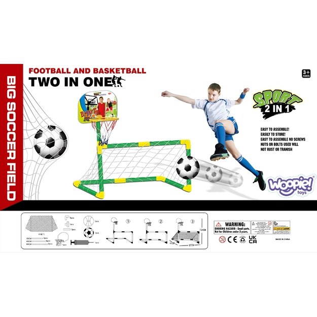 WOOPIE 2 viename rinkinys – krepšinio lankas ir futbolo vartai + kamuoliai