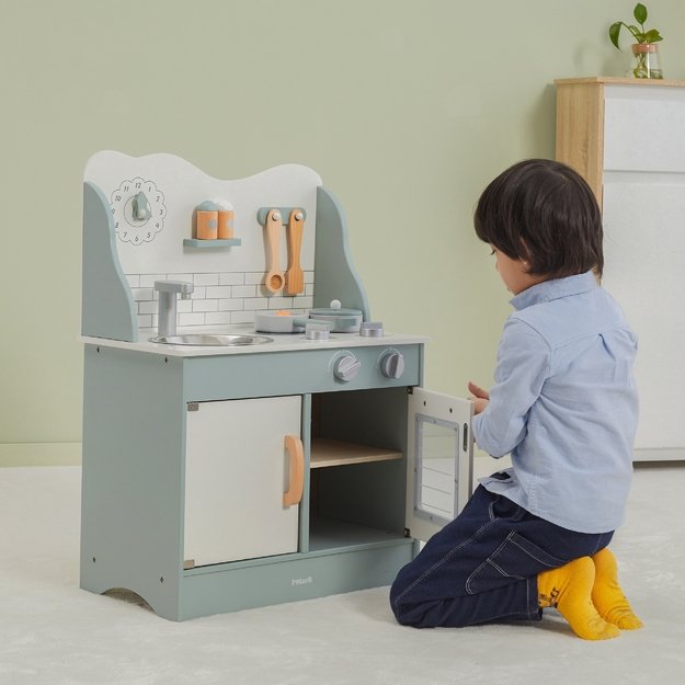 PolarB Medinė vaikiška virtuvėlė su garsiniais efektais, laikrodžiu ir priedais, 70 cm 5