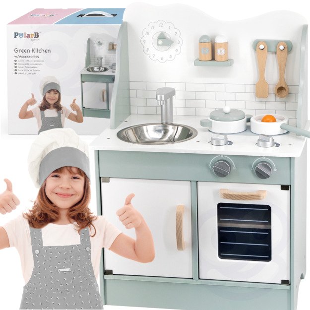 PolarB Medinė vaikiška virtuvėlė su garsiniais efektais, laikrodžiu ir priedais, 70 cm