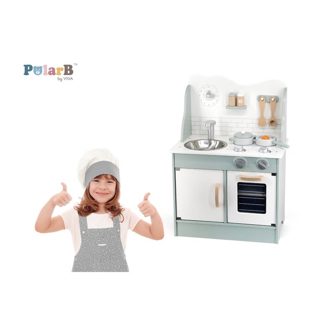 PolarB Medinė vaikiška virtuvėlė su garsiniais efektais, laikrodžiu ir priedais, 70 cm