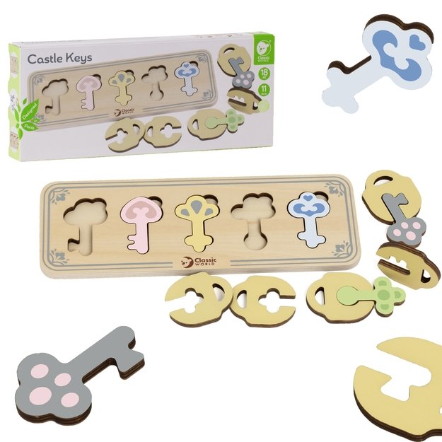 CLASSIC WORLD Medinė Montessori jutiminė dėlionė – Spynelės ir Raktai