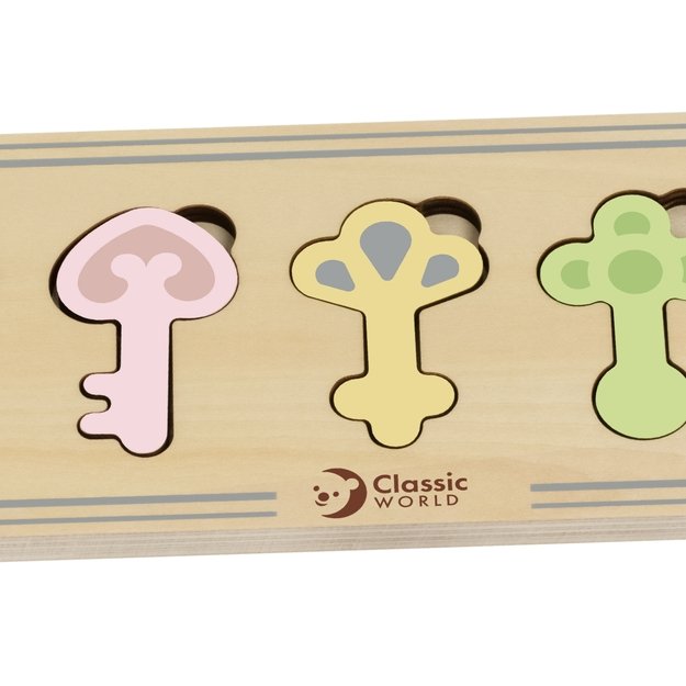 CLASSIC WORLD Medinė Montessori jutiminė dėlionė – Spynelės ir Raktai
