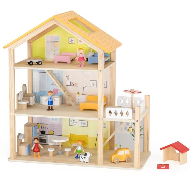 VIGA Medinis Lėlių Namas su Lėlytėmis ir Priedais