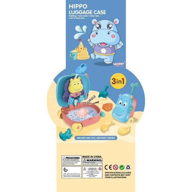 WOOPIE 3 viename smėlio rinkinys – lagaminėlis „Hipopotamas“ su vandens žaislu