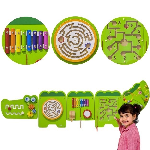 VIGA medinė sensorinė–manipuliacinė lenta „Krokodilas“ FSC sertifikuota, Montessori