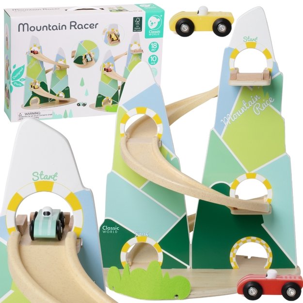 Medinė kalnų lenktynių trasa su 3 automobiliais