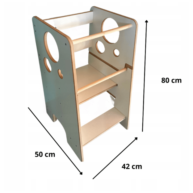 Montessori virtuvės bokštelis reguliuojamo aukščio (pristatymas 1-3d.d.) Baltas su apskritimais